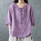 【ACheter】亞麻棉感少女自然風寬鬆七分袖上衣#109791- L 紫