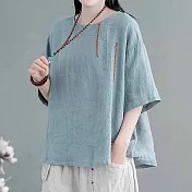 【ACheter】氣質復古竹刺繡大碼棉麻寬鬆上衣#109795- M 藍