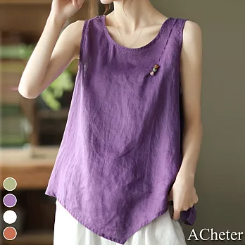 【ACheter】復古彩盤扣棉麻柔感背心寬鬆上衣#109793- M 紫