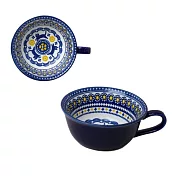 【日本SHINACASA】波蘭陶風深藍 陶瓷湯碗260ml ‧ 貓咪小花