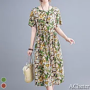 【ACheter】采風印花棉麻系帶棉麻寬鬆涼爽洋裝#109883- XL 綠