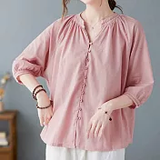 【ACheter】復古好氣色V領棉麻寬鬆襯衫上衣#109970- L 粉紅