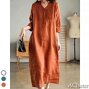 【ACheter】文靜幽雅摺排釦棉麻七分袖寬鬆洋裝#110037- M 橘