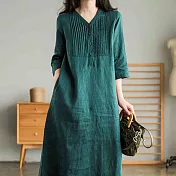 【ACheter】文靜幽雅摺排釦棉麻七分袖寬鬆洋裝#110037- M 墨綠