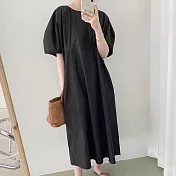【MsMore】韓國千金泡泡袖棉麻洋裝#110009- F 黑