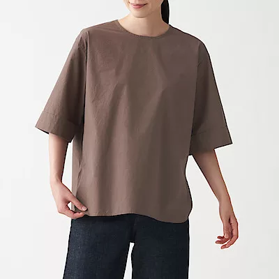 [MUJI無印良品]女有機棉府綢五分袖套衫XS-S 煙燻棕