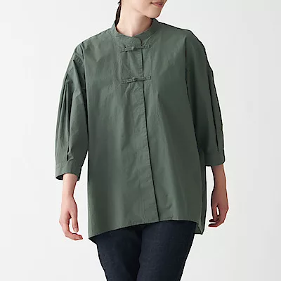 [MUJI無印良品]女有機棉府綢紐結扣長版襯衫XS-S 灰綠