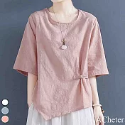 【ACheter】棉麻緹花下擺不規則設計感五分袖上衣#110075- M 粉紅