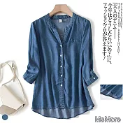 【MsMore】天絲薄款牛仔襯衫五分袖V襯衫#110117- XL 深藍