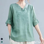 【ACheter】韓版優雅顯瘦棉麻刺繡上衣#110171- XL 綠
