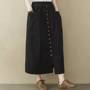 【ACheter】棉質大口袋開衩寬鬆鬆緊腰顯瘦長裙#110045- M 黑