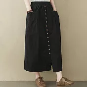 【ACheter】棉質大口袋開衩寬鬆鬆緊腰顯瘦長裙#110045- XL 黑