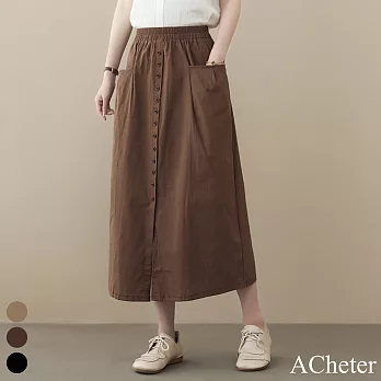 【ACheter】棉質大口袋開衩寬鬆鬆緊腰顯瘦長裙#110045- M 咖