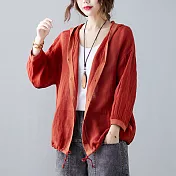 【AMIEE】輕薄棉麻寬鬆罩衫外套(KDC-7477) L 橙紅色