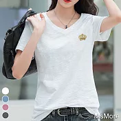 【MsMore】韓版大碼竹節棉皇冠刺繡短袖T恤上衣#110473- XL 白