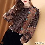 【MsMore】韓版印花燈籠袖設計感絲襯衫上衣#110391- M 花紋
