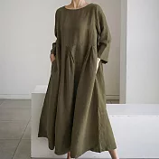【ACheter】日系棉麻風純色長裙大擺裙洋裝#110516- F 綠
