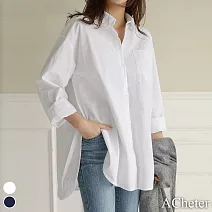 【ACheter】簡約翻領插袋寬鬆棉麻長襯衫#110497- M 白