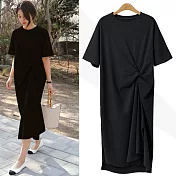 【MsMore】法國休閒寬鬆皺褶設計棉T洋裝#110538- 2XL 黑