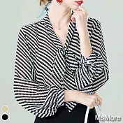 【MsMore】高端時尚洋氣女襯衫設計感條紋長袖雪紡上衣#110389- M 黑白
