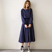【AMIEE】一字領修身長袖洋裝(KDD-4273) M 深藍