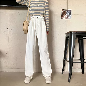 【AMIEE】百搭修身可調節腰身高腰牛仔褲(KDP-C06) S 白色