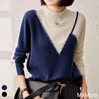 【MsMore】簡約設計感長袖蕾絲拼接假兩件針織上衣#110189- F 藍