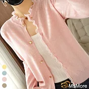 【MsMore】珍珠扣圓領蕾絲邊氣質針織外套#110452- F 粉紅