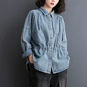 【AMIEE】設計感抽繩收腰丹寧牛仔襯衫(KDT-3059) L 淺藍