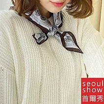 seoul show首爾秀 復古腰果方領巾仿真蠶絲緞面頭巾雪紡絲巾  藍色