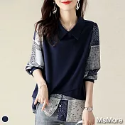 【MsMore】韓國時尚拼接藍瓷印花假2件上衣#110795- L 藍