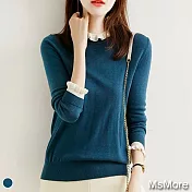 【MsMore】柔軟舒適歐根紗鑲邊點綴薄款羊毛感針織上衣#110315- F 藍