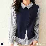 【MsMore】潮流時尚豎條紋襯衫拼接開叉針織假兩件上衣#110909- L 藍