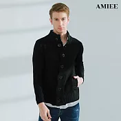 【AMIEE】羊毛雙排扣立領針織毛衣外套(KDC-0026) L 黑色