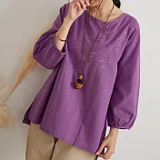 【慢。生活】東方文藝同色刺繡棉麻上衣 9007　 FREE 紫色