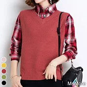 【MsMore】網紅格紋襯衫爆款針織假兩件寬鬆上衣#111045- F 紅