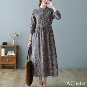 【ACheter】韓版寬鬆系帶收腰顯瘦中長款碎花洋裝#111028- XL 花紋