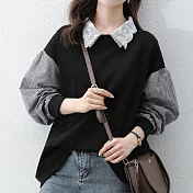 【MsMore】韓版ins蕾絲領拚色寬鬆上衣#110897- XL 黑