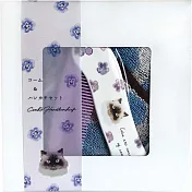 【日本KOJI】可愛隨身折疊梳+柔軟純棉方巾組 · 貓咪小花(藍)