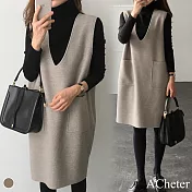 【ACheter】韓版雙面毛呢背心洋裝兩件式套裝#111088- L 卡其