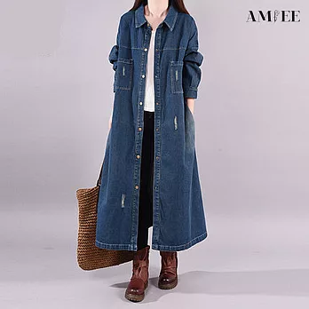 【AMIEE】文藝長版牛仔襯衫外套(KDC-2883) L 藍色