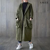 【AMIEE】寬鬆大口袋長版風衣外套(KDC-6951) F 軍綠色