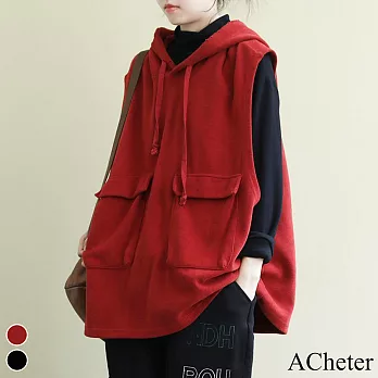 【ACheter】大碼連帽俐落口袋寬鬆暖呢背心#111082- M 紅