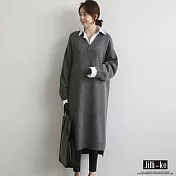 【Jilli~ko】韓版V領加厚針織連裙 1331　 FREE 灰色
