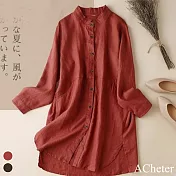 【ACheter】日系立領棉麻休閒顯瘦長襯衫#111119- L 紅