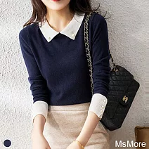 【MsMore】韓版時尚精緻釘珠POLO領減齡氣質針織上衣#111221- F 藏青