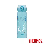 【THERMOS 膳魔師】聖誕款 不鏽鋼真空保溫瓶0.5L (JNL-502CM-SKY)聖誕叢林篇-藍