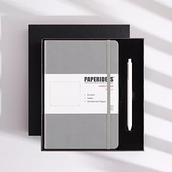 PAPERIDEAS 精美禮盒組 A5子彈筆記本 頁碼硬面綁帶筆記本 與成功有約的子彈筆記術 石磨灰-槍灰