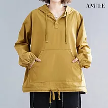 【AMIEE】率性抽繩連帽衛衣帽T(KDT-9530) F 黃色