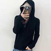 【MsMore】韓版純色毛衣大碼拉鍊針織連帽外套#111245- F 黑